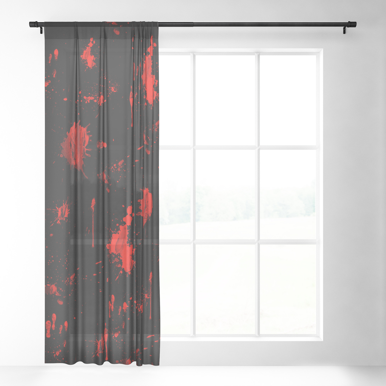 Red Paint Blood Splatter On Black Sheer Curtain By Scotthervieux