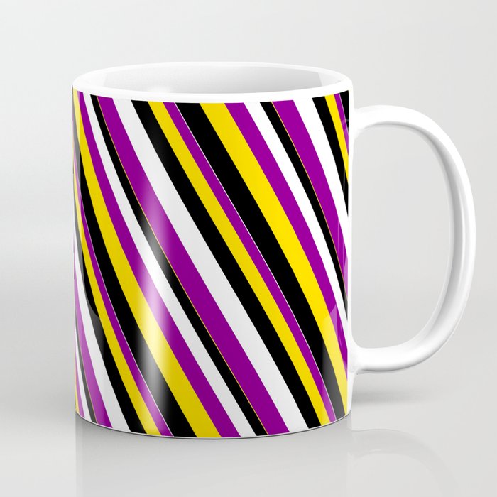 White, Purple, Yellow, and Black Colored Striped Pattern Coffee Mug