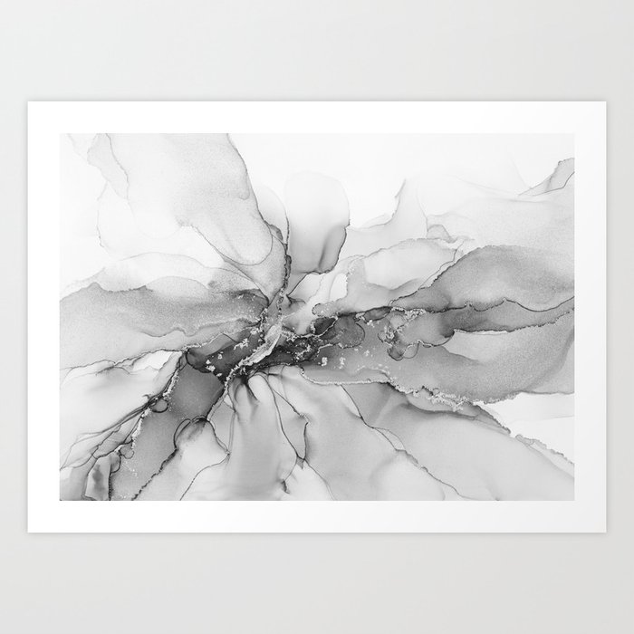 Black and White Ethereal Blooming Ink Art Print