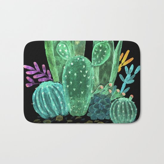 Cacti and succulents on a black background. Bath Mat
