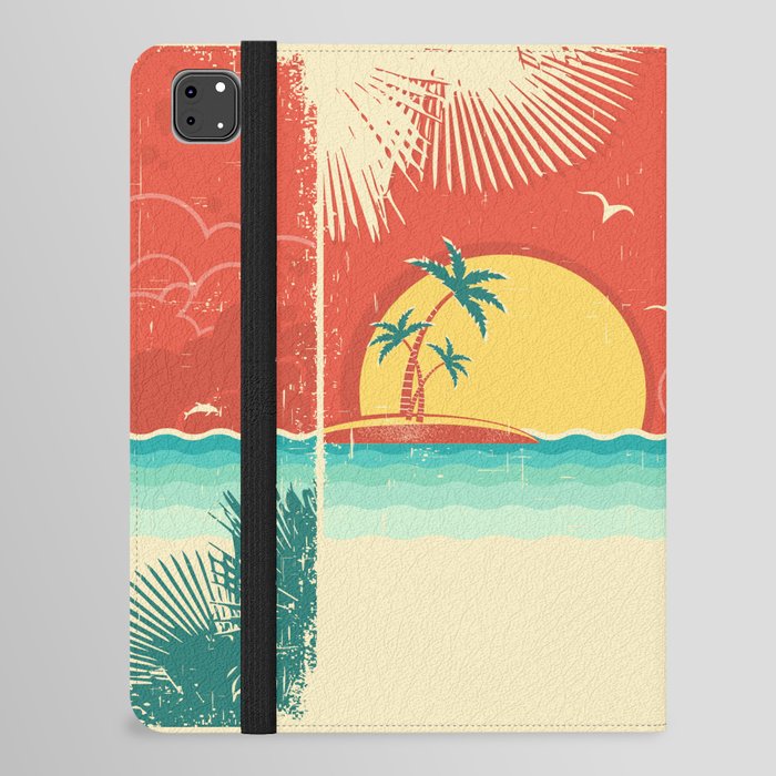 Vintage nature tropical seascape background with island and palms decoration on old paper poster texture.  iPad Folio Case