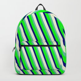 [ Thumbnail: Aquamarine, Lime, Dark Blue & Beige Colored Lined/Striped Pattern Backpack ]