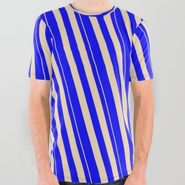 [ Thumbnail: Tan & Blue Colored Stripes/Lines Pattern All Over Graphic Tee ]