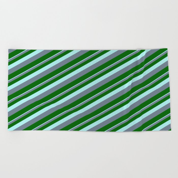 Turquoise, Slate Gray, and Dark Green Colored Striped Pattern Beach Towel