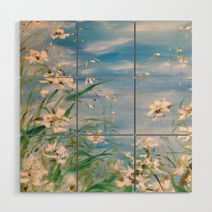 Flower field of magnificent white daffodils. Summer landscape lawn of blossoming flowers. Wood Wall Art