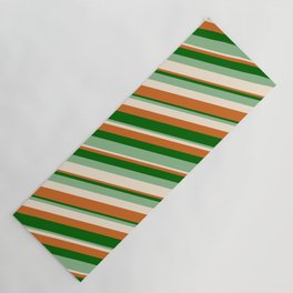 [ Thumbnail: Chocolate, Dark Green, Dark Sea Green & Beige Colored Lines Pattern Yoga Mat ]