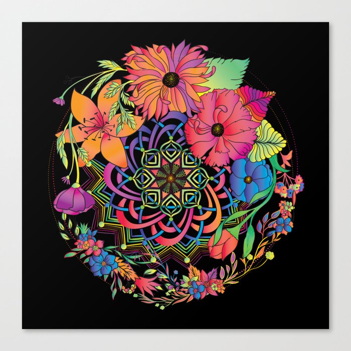 Download Neon Mandala And Flowers Canvas Print By Caitlinbarnes Society6