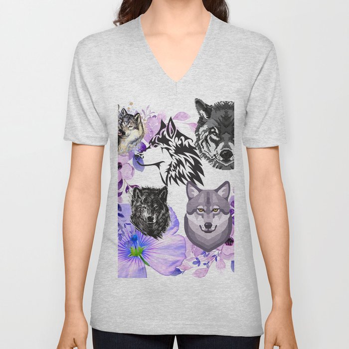 Wolf Faces V Neck T Shirt