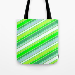 [ Thumbnail: Colorful Sea Green, Mint Cream, Lime, Light Blue, and Light Green Colored Striped/Lined Pattern Tote Bag ]