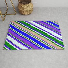 [ Thumbnail: Colorful Green, Tan, Blue, Purple, and Light Cyan Colored Striped/Lined Pattern Rug ]