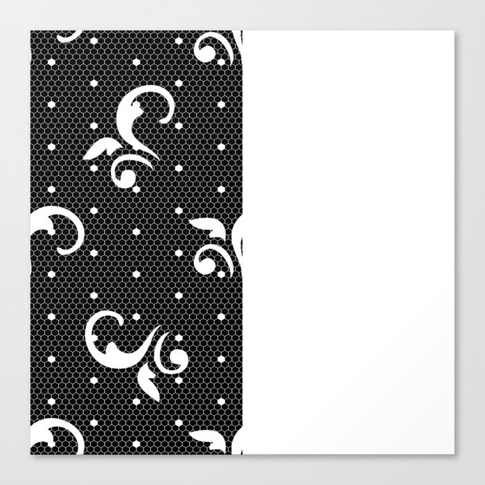 White Floral Curls Lace Vertical Split on Black Canvas Print