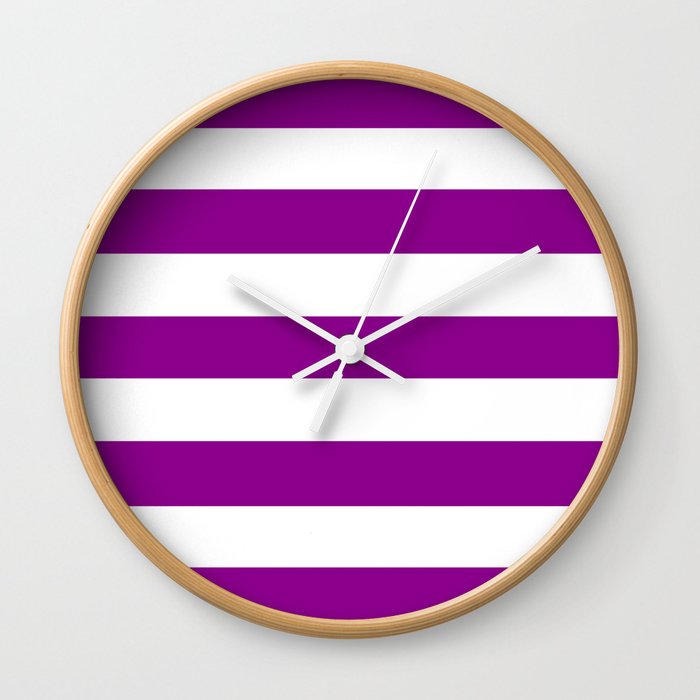Dark magenta -  solid color - white stripes pattern Wall Clock
