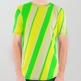 [ Thumbnail: Lime, Yellow, and Pale Goldenrod Colored Striped Pattern All Over Graphic Tee ]