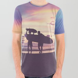 Silhouette Of surfer people carrying their surfboard on sunset beach, vintage filter effect with soft style All Over Graphic Tee
