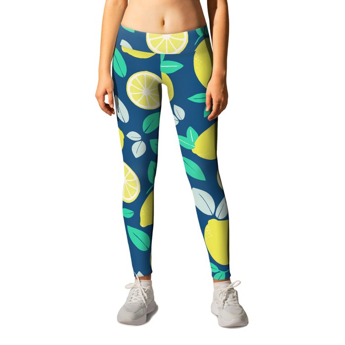 Summer Lemon Pattern in Navy Blue Leggings by tanyadraws Society6