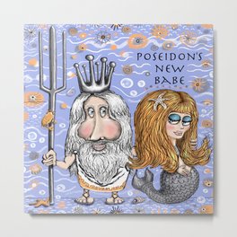 Poseidon's New Mermaid Babe Metal Print | Pattern, Ocean, Mermaids, Digital, Mythology, Illustration, Whimsical, Mermaidgifts, Fantasy, Indiegifts 