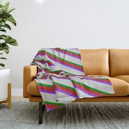 [ Thumbnail: Red, Purple, Light Grey & Green Colored Lines Pattern Throw Blanket ]