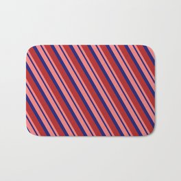 [ Thumbnail: Light Coral, Midnight Blue, and Red Colored Stripes/Lines Pattern Bath Mat ]