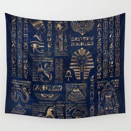 Egyptian hieroglyphs and deities-gold on blue marble Wall Tapestry