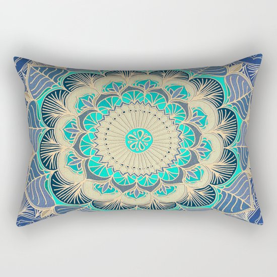 Midnight Bloom - detailed floral doodle in gold, navy blue & mint Rectangular Pillow