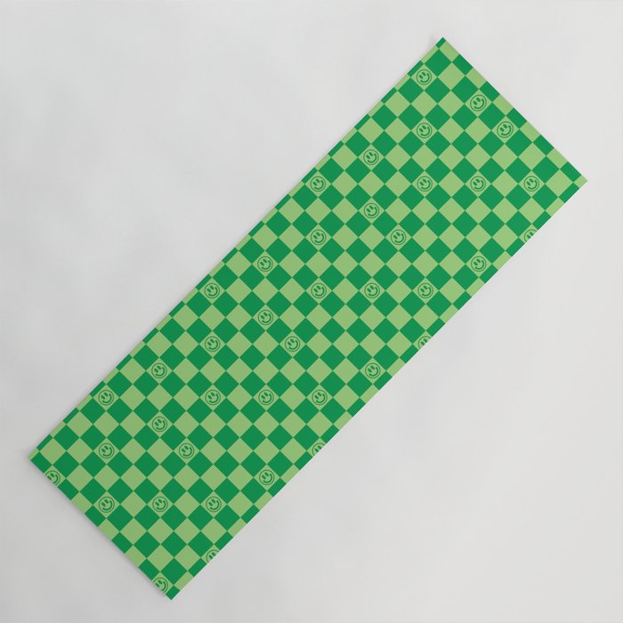 Monochromatic Green Smiley Face Checkerboard Yoga Mat