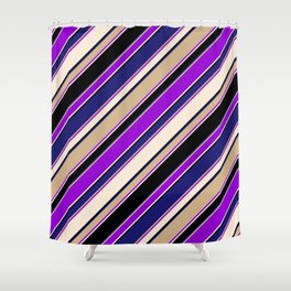 [ Thumbnail: Eye-catching Tan, Dark Violet, Beige, Black, and Midnight Blue Colored Lined/Striped Pattern Shower Curtain ]