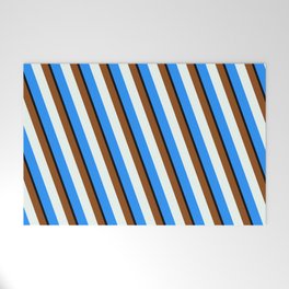 [ Thumbnail: Brown, Mint Cream, Blue, and Black Colored Pattern of Stripes Welcome Mat ]