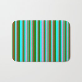 [ Thumbnail: Eye-catching Brown, Green, Cyan, Plum, and Sea Green Colored Stripes Pattern Bath Mat ]