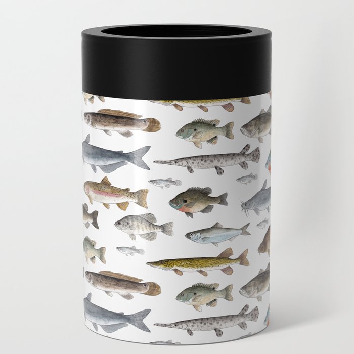 A Few Freshwater Fish Can Cooler | Drawing, Watercolor, Illustration, Fish, Catfish, Bass-fish, Perch, Sunfish, Fishing, Cabin