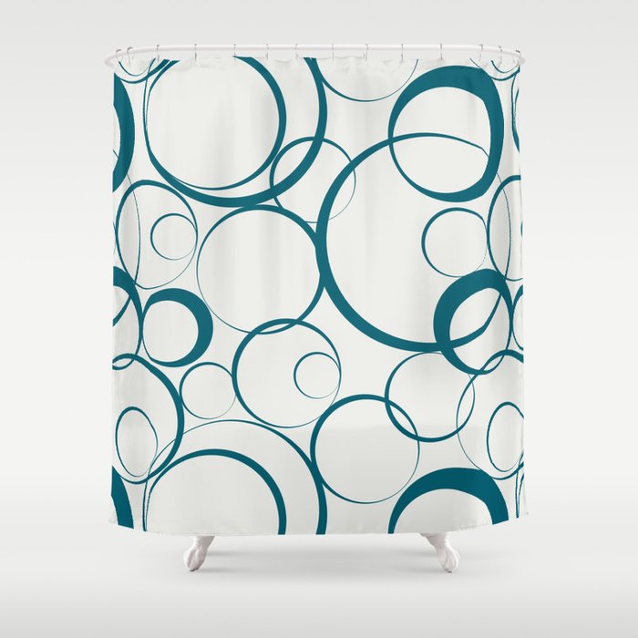 Tropical Dark Teal Funky Rings Pattern Inspired by Sherwin Williams 2020 Trending Color Oceanside SW6496 on Off White Shower Curtain