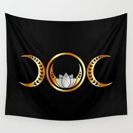 Golden triple moon fertility symbol with moons lotus and vines Wall Tapestry