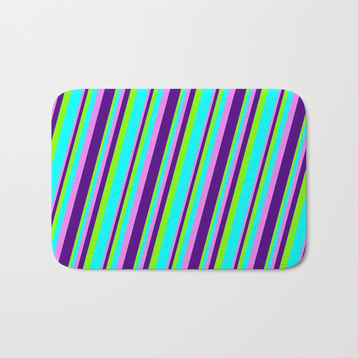 Chartreuse, Aqua, Violet, and Indigo Colored Striped/Lined Pattern Bath Mat