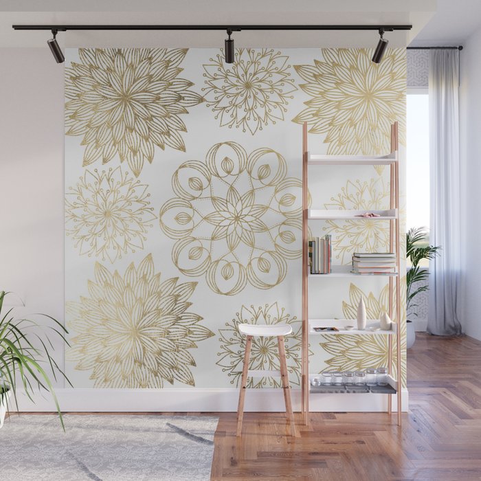Elegant Geometric Gold White Floral Mandala Wall Mural