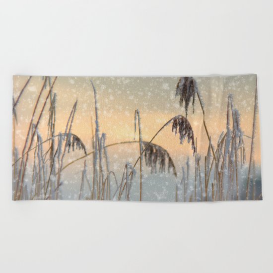 Phragmites Reed grass in the snowfall Beach Towel