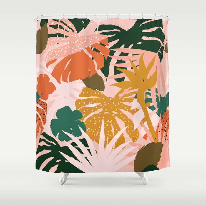 Pink Tropical Leaves Shower Curtain