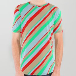 [ Thumbnail: Red, Tan, Green, and Light Blue Colored Lines Pattern All Over Graphic Tee ]