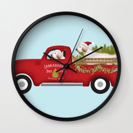 Labradoodle doodle dog truck christmas tree farm red vintage  Wall Clock