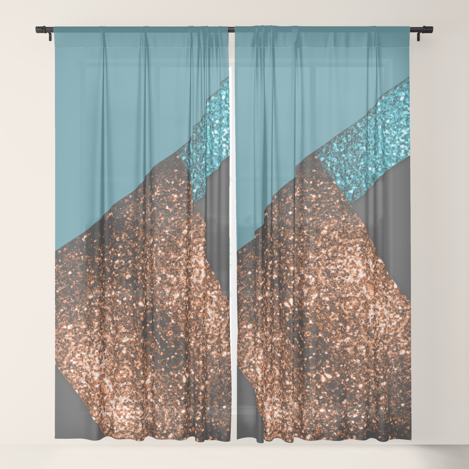 Aqua Blue And Bronze Sparkles Modern Color Block Art Sheer Curtain