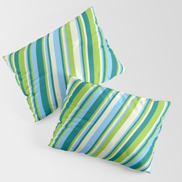 [ Thumbnail: Teal, Green, Beige & Light Sky Blue Colored Stripes/Lines Pattern Pillow Sham ]