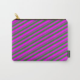 [ Thumbnail: Forest Green and Fuchsia Colored Lined/Striped Pattern Carry-All Pouch ]