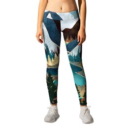 River Vista Leggings | Green, Forest, Gold, Contemporary, Vista, Graphicdesign, Clouds, Landscape, Mountains, Pines 