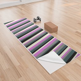 [ Thumbnail: Dark Slate Gray, Grey, Orchid, Beige & Black Colored Stripes Pattern Yoga Towel ]