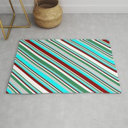 [ Thumbnail: Eyecatching Sea Green, Light Grey, Cyan, Dark Red, and White Colored Lines Pattern Rug ]