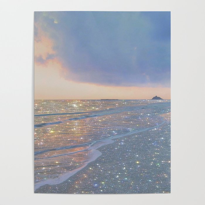 MAGIC OCEAN - glitter artwork by Yana Potter artist. Sparkling waves, pastel blue, beautiful nature. Poster