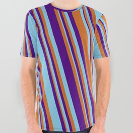 [ Thumbnail: Chocolate, Indigo & Sky Blue Colored Stripes Pattern All Over Graphic Tee ]