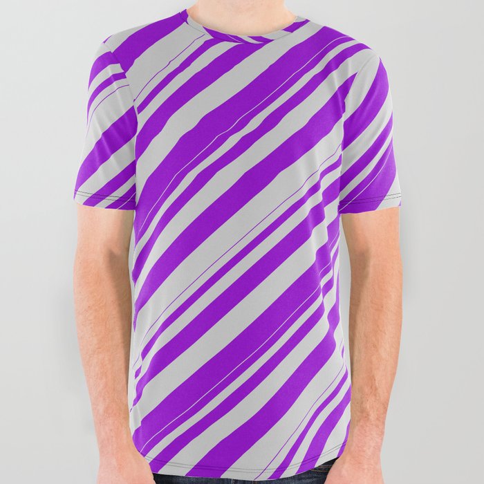 Dark Violet and Light Gray Colored Lines Pattern All Over Graphic Tee