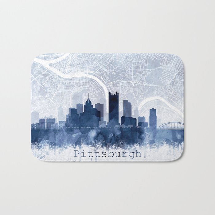 Pittsburgh Skyline Map Watercolor Navy Blue, Print by Zouzounio Art Bath Mat