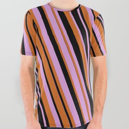 [ Thumbnail: Plum, Chocolate, and Black Colored Lines/Stripes Pattern All Over Graphic Tee ]