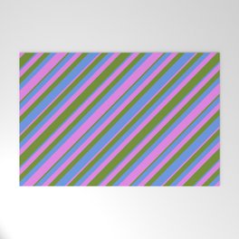 [ Thumbnail: Green, Cornflower Blue & Violet Colored Striped Pattern Welcome Mat ]