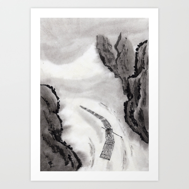 Chinese Ink And Brush Painting Of Trees And Mountains Art Print By